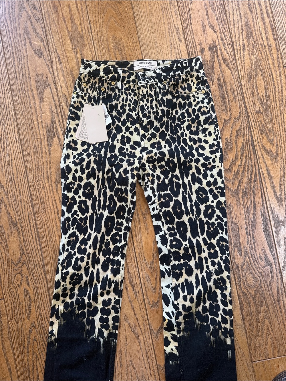 Roberto Cavalli Mid Rise Leopard-Print Jeans in Black & Cream Brand New With Tag